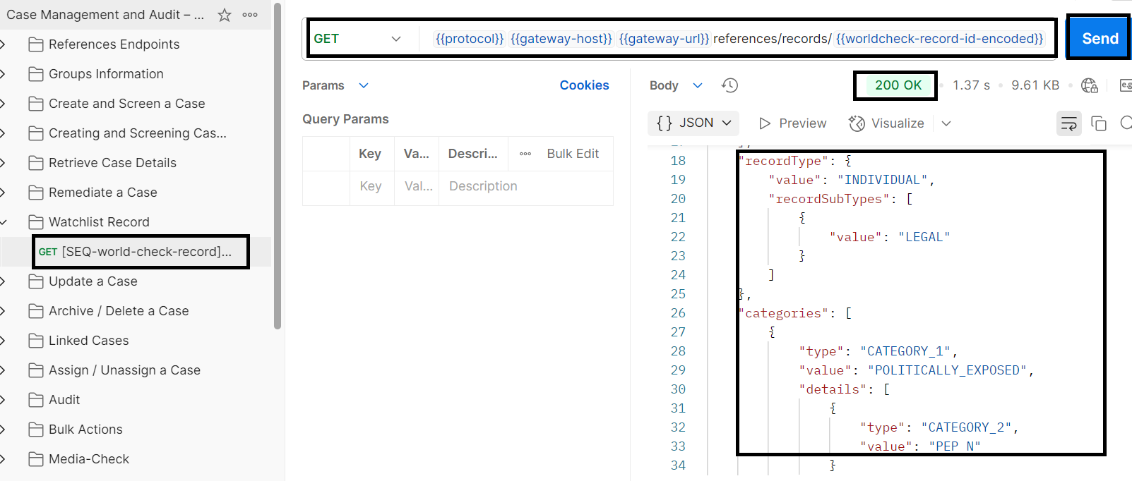 Postman screenshot of get world-check record details