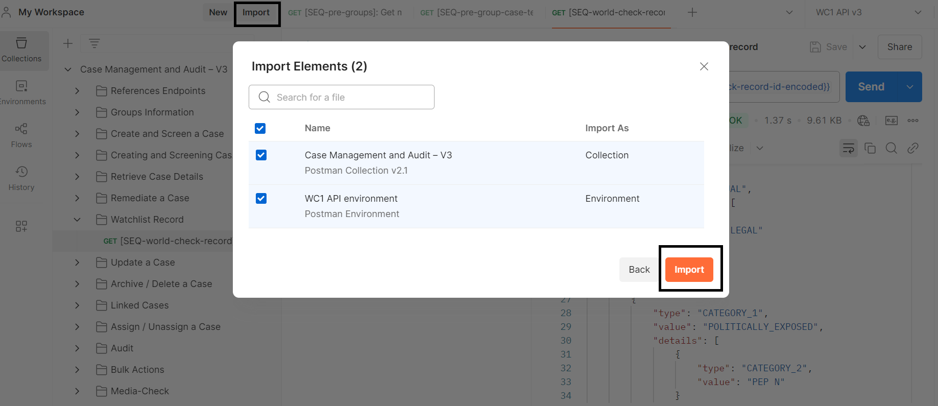 Import Postman collection and environment files