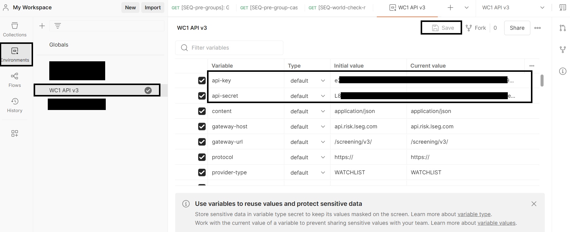 Save API keys in Postman environment file