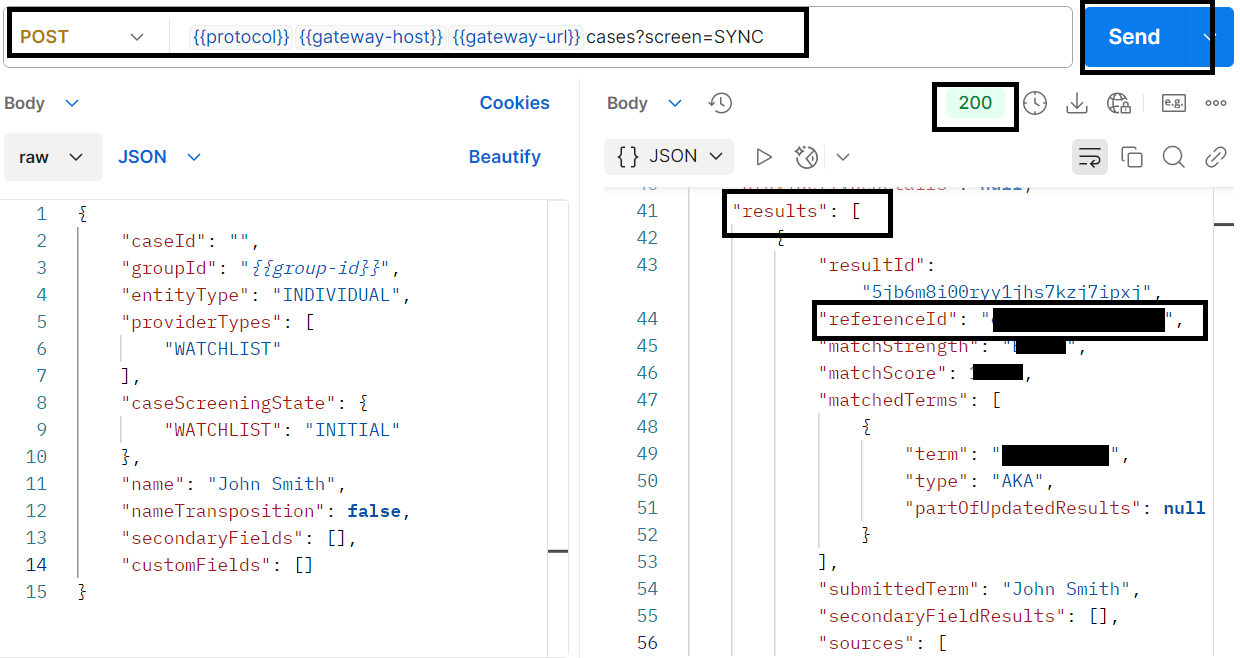 Postman screenshot of synchronous screening request endpoint and its response displaying match results