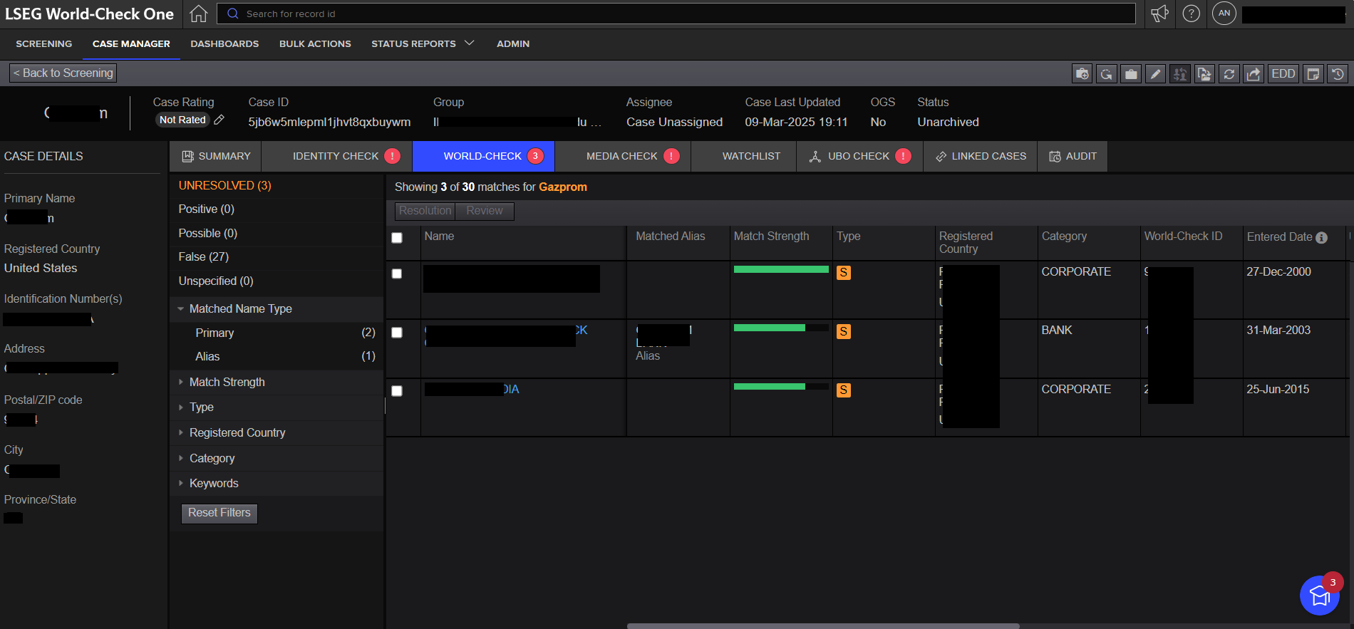 World Check One Portal UI screenshot of Case results pages