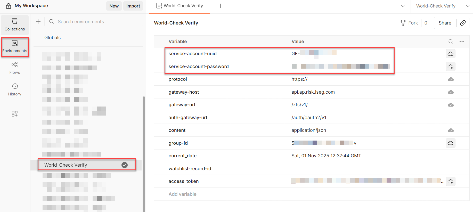 Save service account credentials in Postman environment file