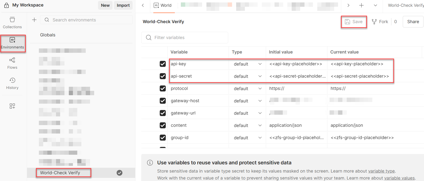 Save API keys in Postman environment file
