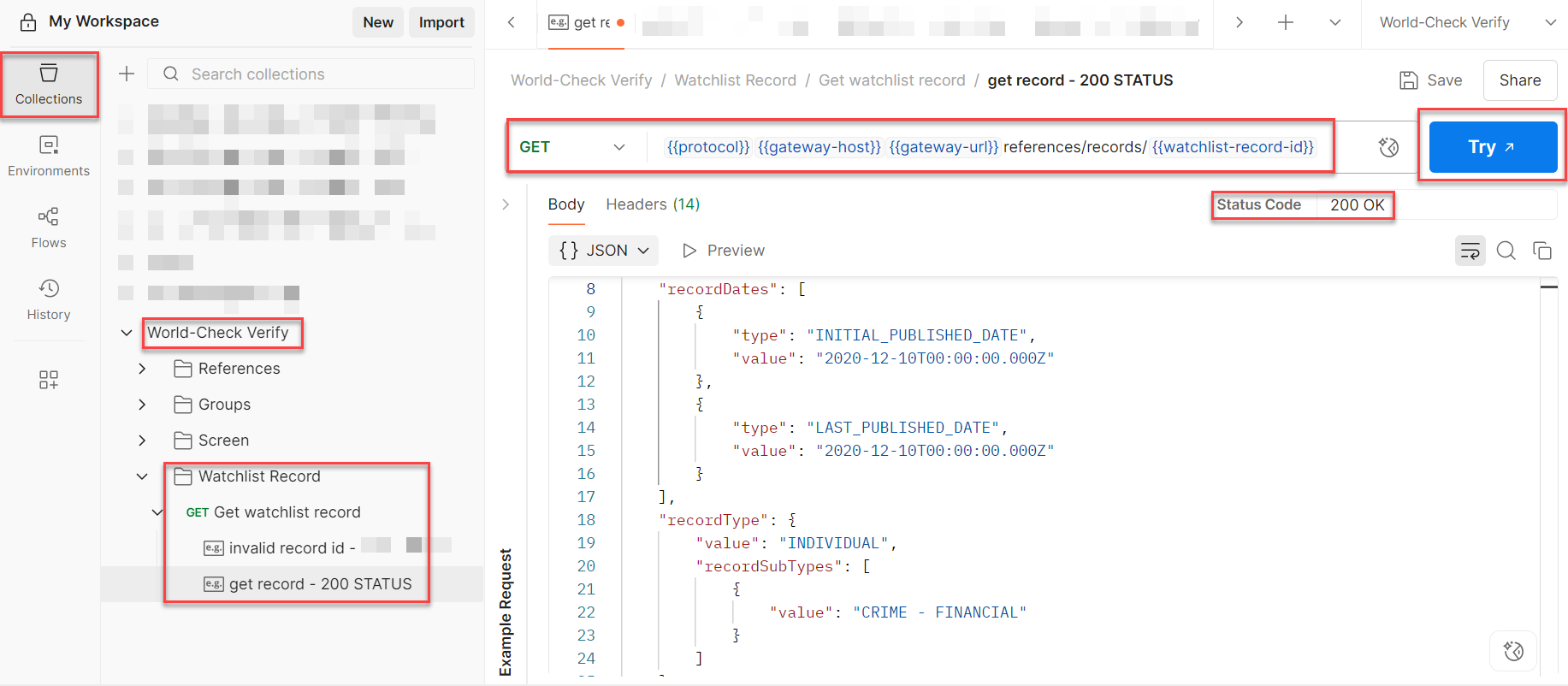Postman screenshot of get world-check record details
