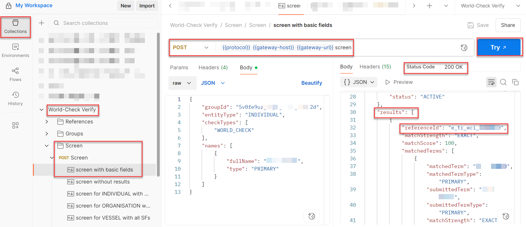 Postman screenshot of synchronous screening request endpoint and its response displaying match results