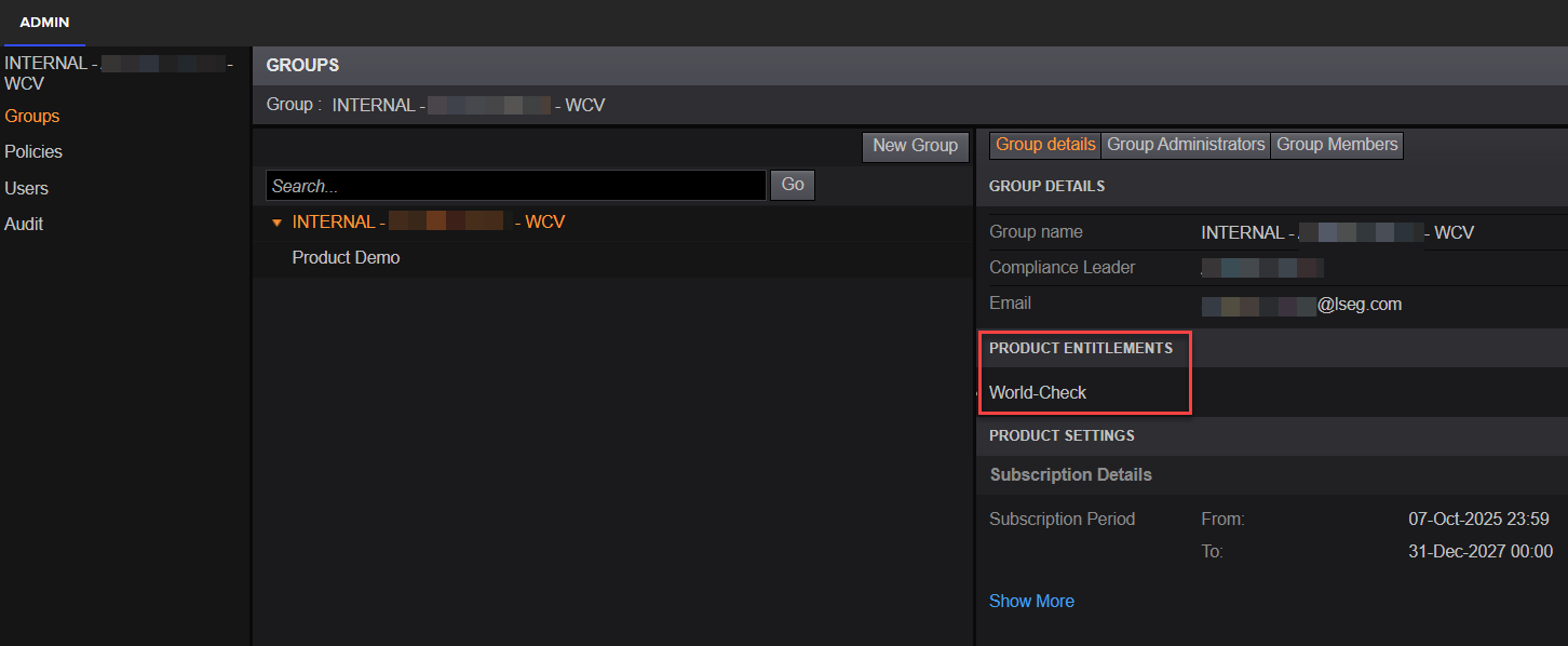 Product entitlements in the World-Check Verify web interface