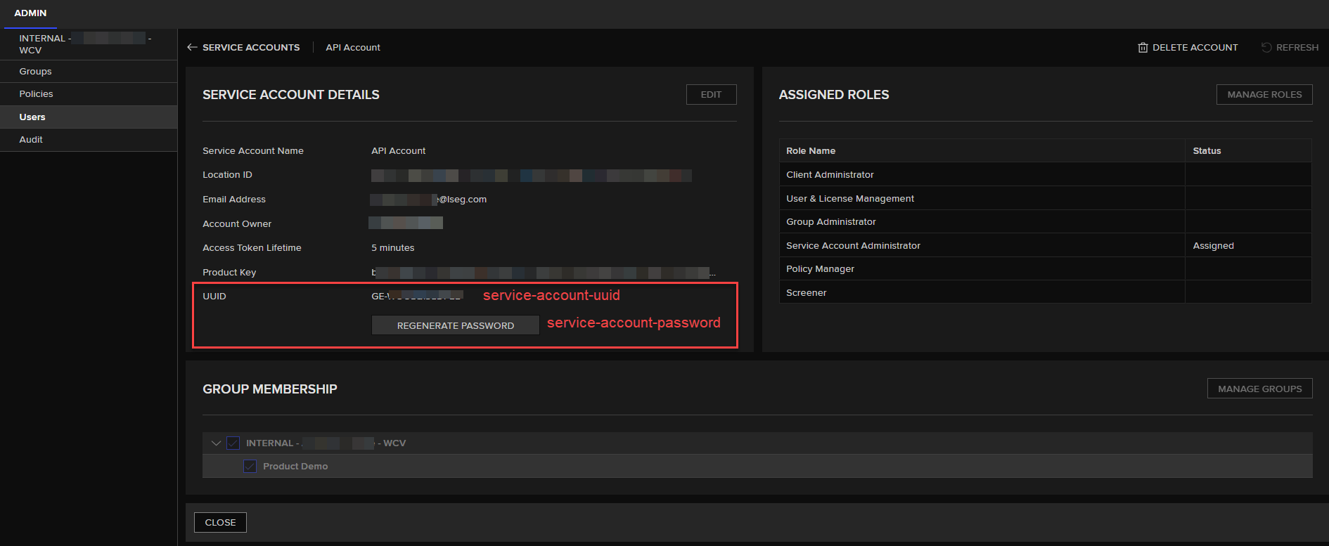 Service account credentials from the Admin portal