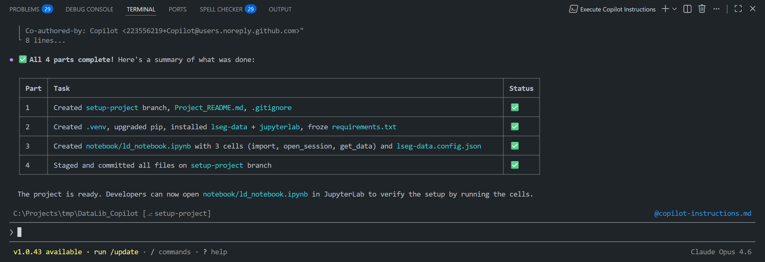 Copilot CLI action completed