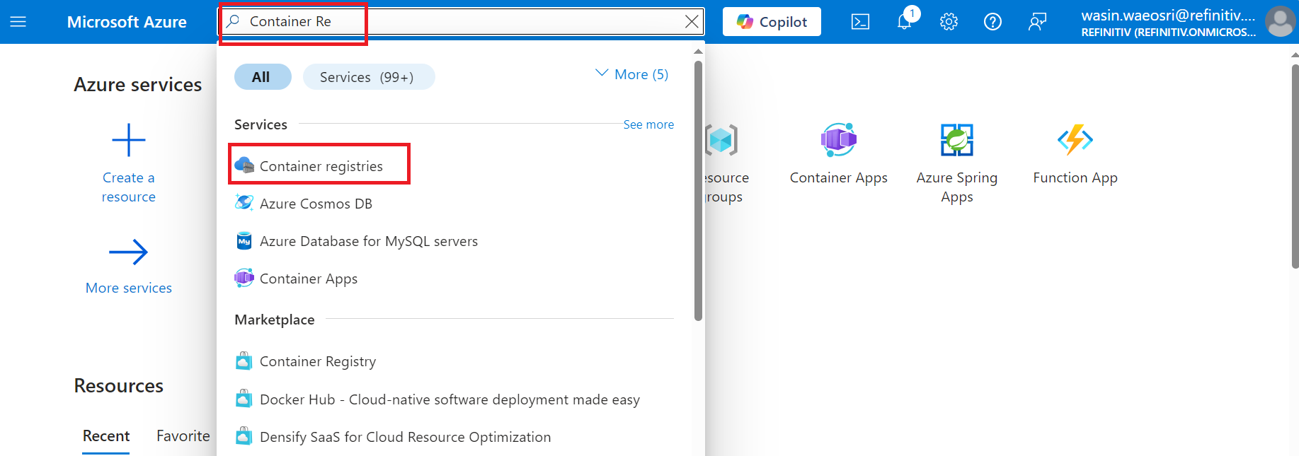 azure portal find Container Registry