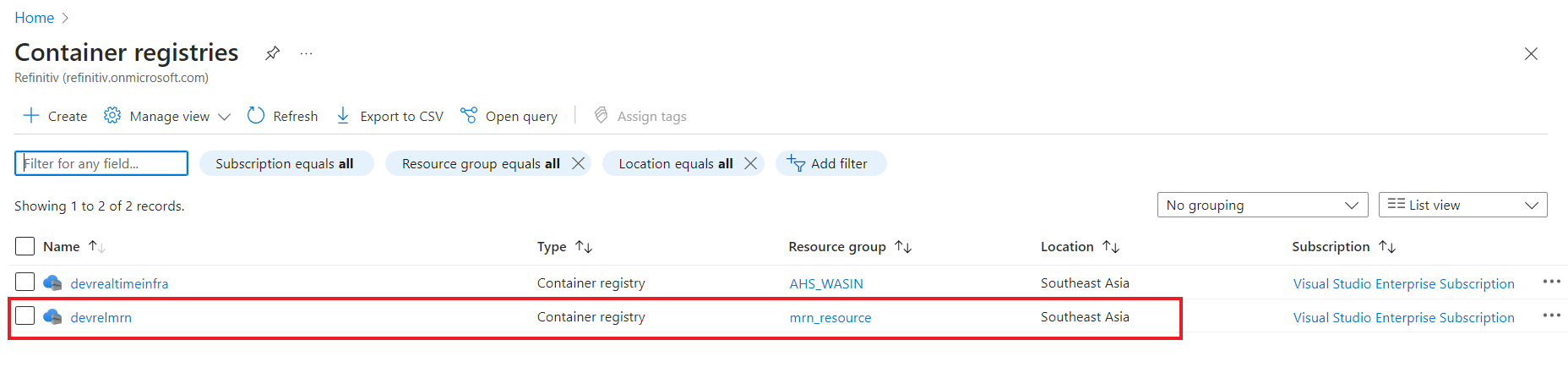 container registry repo is available on the main container page