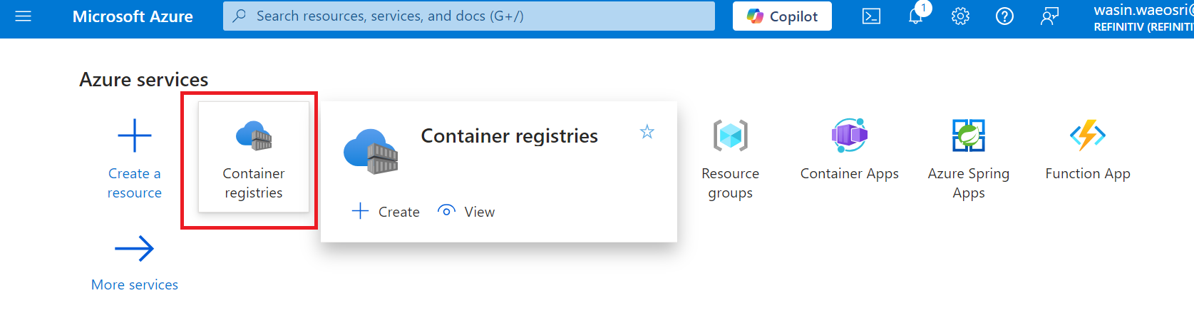 azure portal Container Registry service shortcut