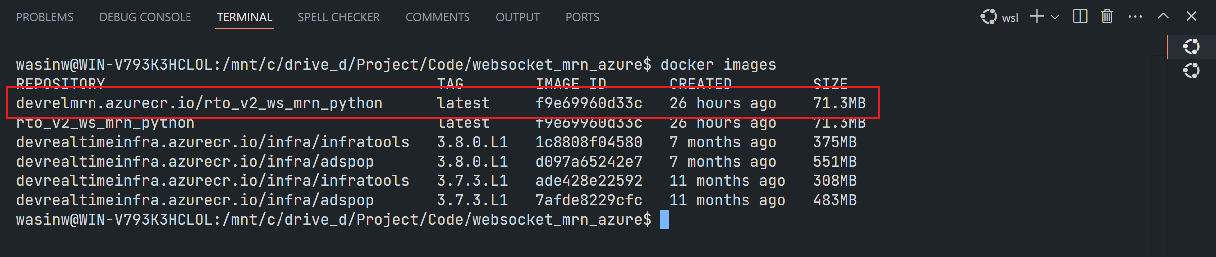 docker images command shows our Azure container