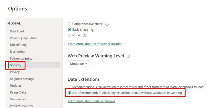 Change Security setting to allow an uncertified extension to load without validation or warning while Installing the Power Query SDK for Visual Studio