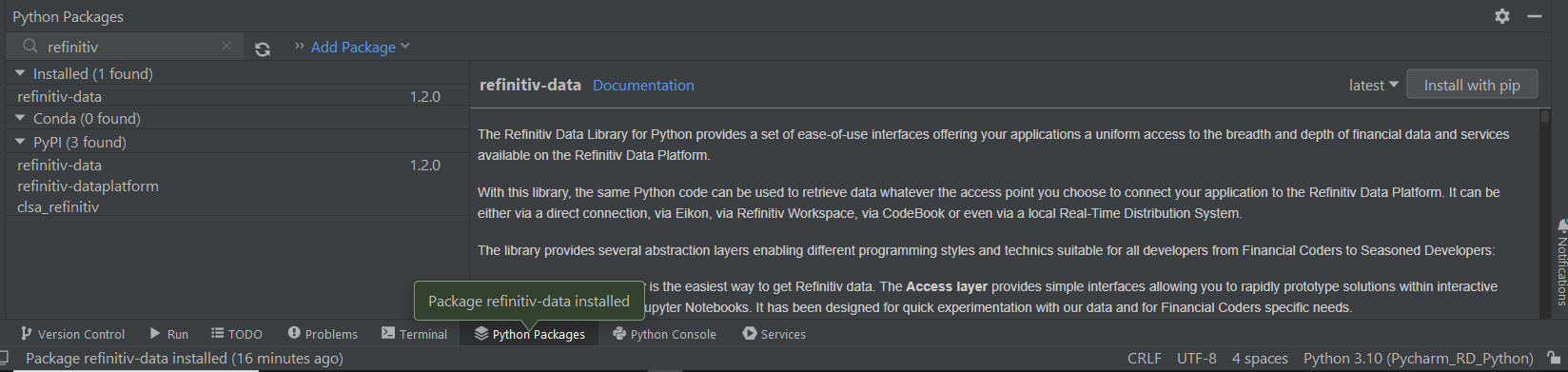 PyCharm install refinitiv-data 2