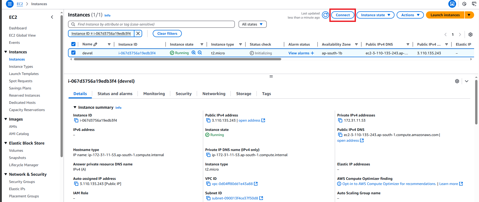 Connect to instance page