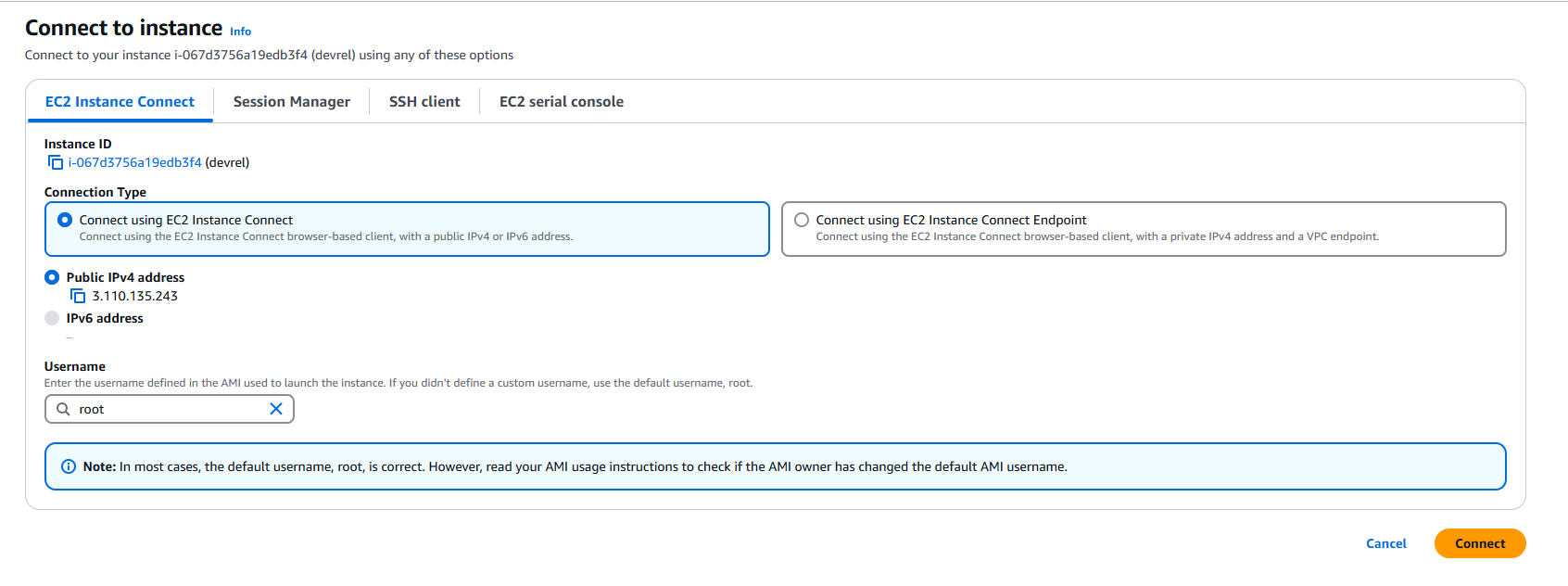 Connect to instance page