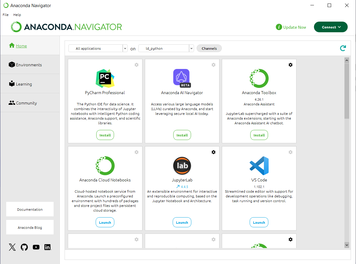 Anaconda Navigator home menu