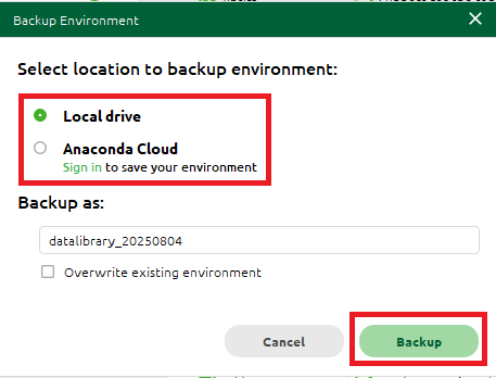 backend conda environment via Anaconda navigator