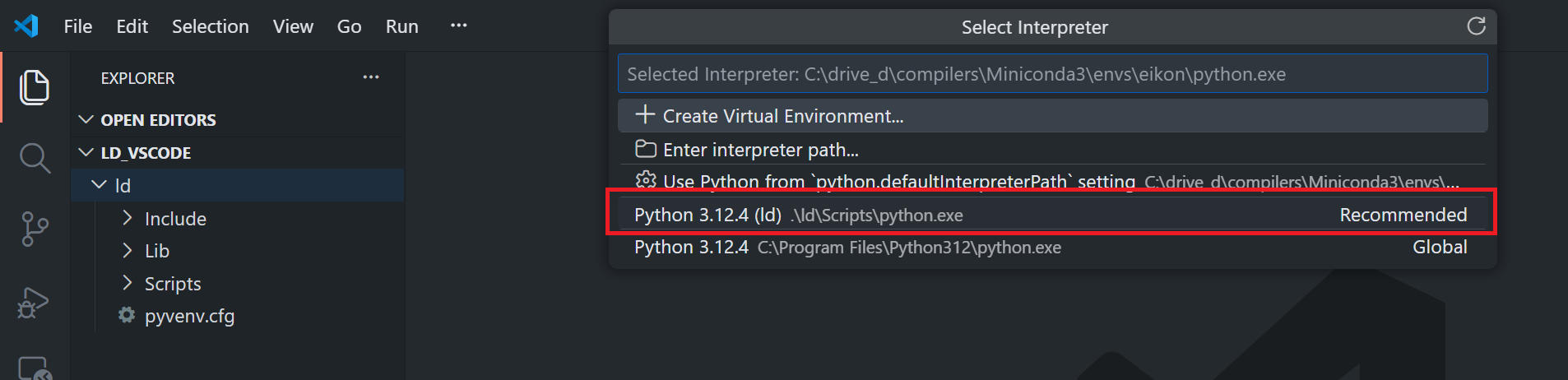 Select ld venv in VS Code