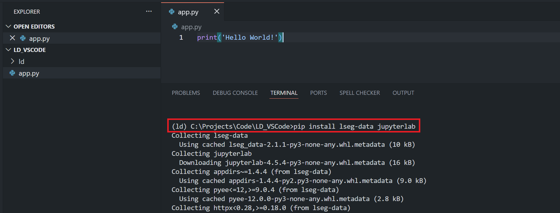 Install LSEG Data Library in VS Code terminal