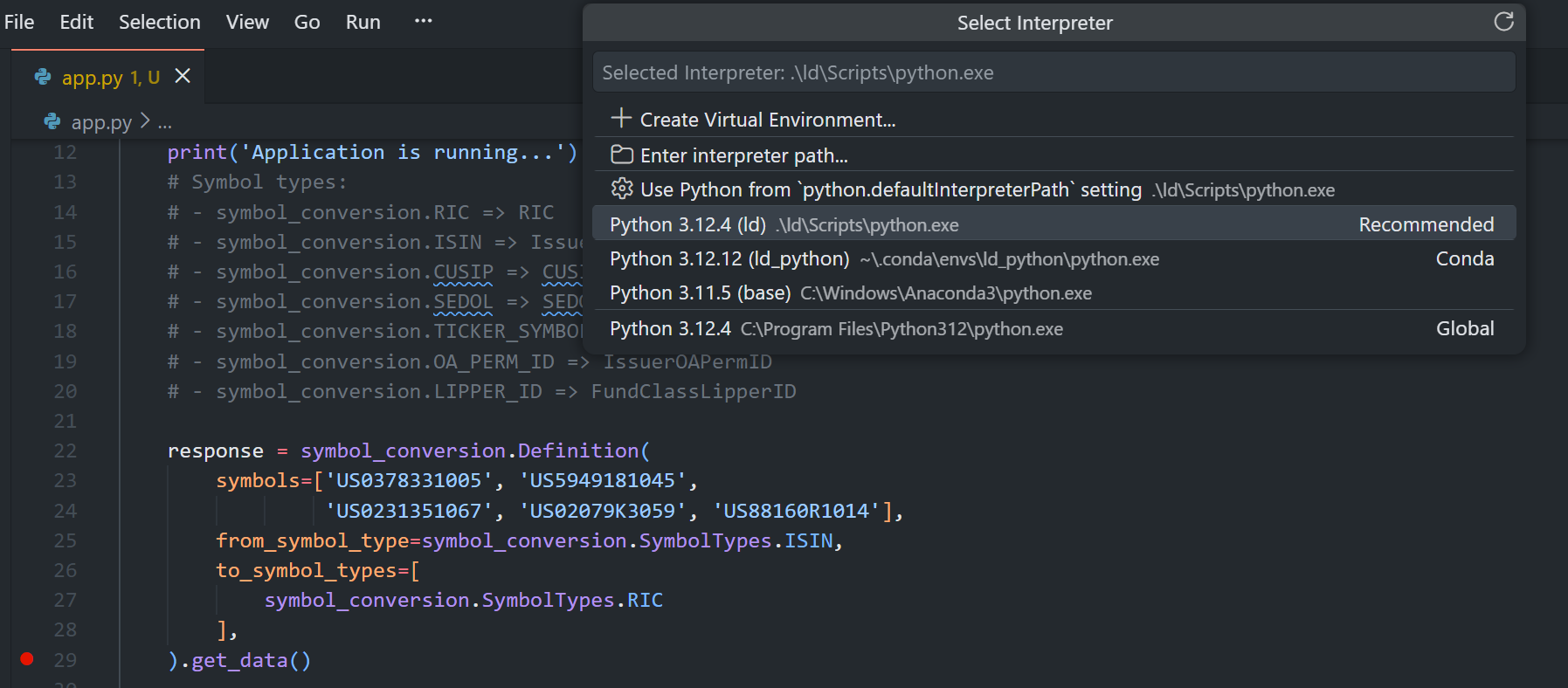 Switch Python environments in VS Code