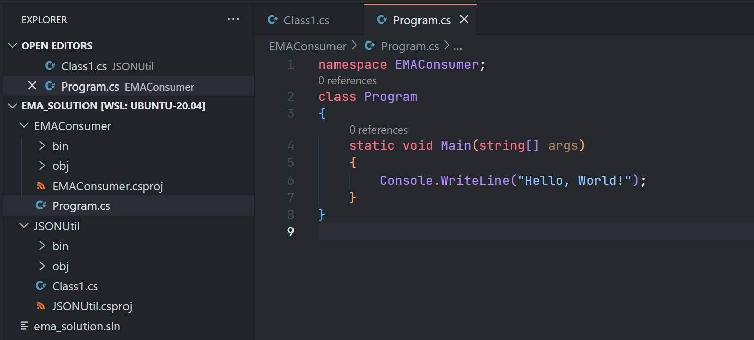 EMAConsumer and JSONUtil projects in VS Code solution